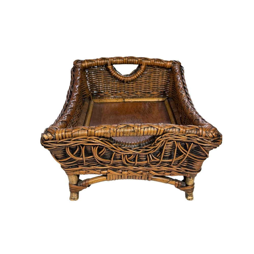 Vintage Footed Rattan Wicker Basket Tray Handles Wooden Base 17" x 13" - Picture 4 of 7